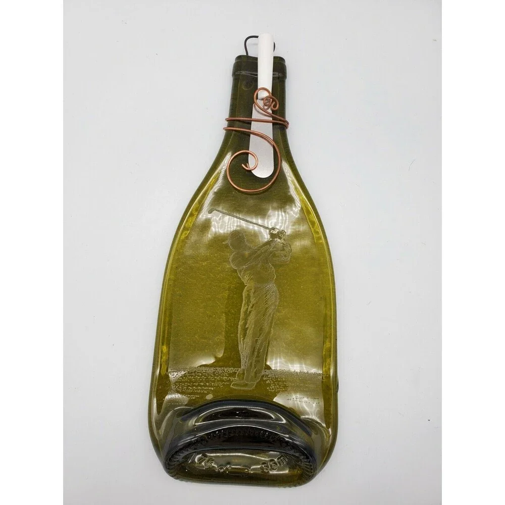 Cheese Plate Green Wine Bottle Serving Dish Spoon Rest Etched Golfer Flattened